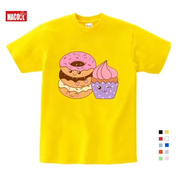 Дрехи за момичета, лятна тениска, от 3 до 12 години, къса бяла тениска с кръгло деколте, понички, сладолед, тениска с изображение на анимационни герой за момичета, Детски