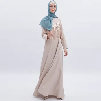 Дубай мода мюсюлманска расшитая пайети пискюл мъниста абайя дамски общата дължина на голяма люлка ислямски халати облекло за молитвенного служба wq2085
