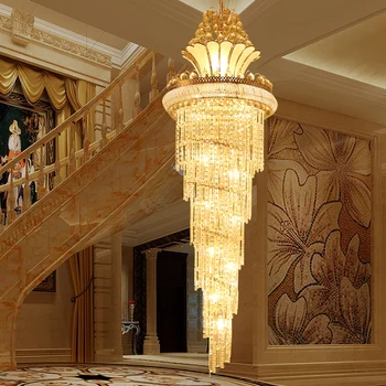 Дуплекс пол е голям полилей вила хол кристален въртящата се лампа куха стълбище на сградата мецанин хотел украса лампи