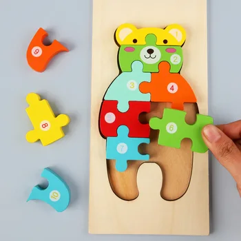 Дървени Пъзели Монтесори за Деца, Играчки за Бебета 2, 3, 4 Години, 3D Дървен Пъзел с Животни за Деца, Подарък за Деца