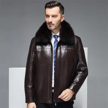 Ежедневно мъжко кожено яке плюс кадифе сгъстено топли кожени палта на средна и в напреднала възраст, случайни бизнес зимата кожа яка