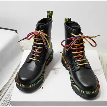 Есенно-зимни нови модни обувки Martin, мотоботы, ботильоны, с преливащи се цветове обувки дантела с кръгло бомбе, могат да увеличат средната големина (около 3-5 см), Обикновен
