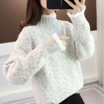 Есенно-зимния нов норковый вълнен пуловер за жени 2021, нов свободен пуловер с висока воротом, топло удебелена долна риза, дамски