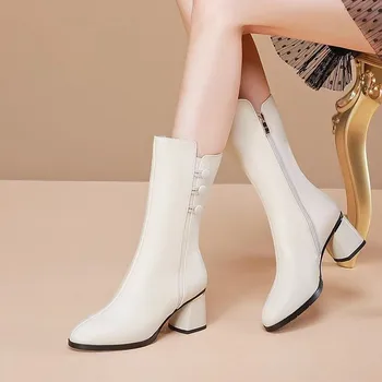 Есента и зимата 2022, Нови Универсални обувки с кръгло бомбе, женски Обикновена Удобни дамски ботуши на средна дължина на цип отстрани
