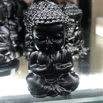 Естествен Черен Камък Обсидиан Резба Буда Изискани Бижута