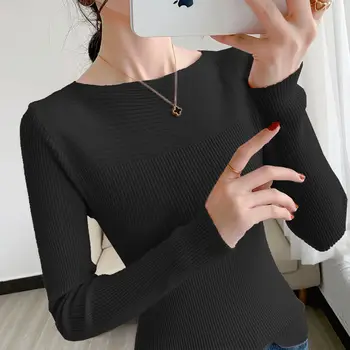 Жена нова кратък пуловер от трико с дълъг ръкав, пуловер, черен цвят