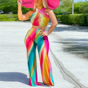 Жена Топ bandow с цветен блок на бретелях и широки Панталони с висока Талия, комплект от 2 теми