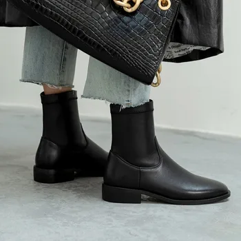 зимни нови модни обувки Martin в британски стил с квадратни пръсти, черни, бежови, ежедневни Удобни женски ботуши на висок ток