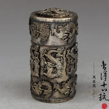 Изящни резбовани тютюнева кутия Longfeng старинни бижута, ръчно изработени от бял мед