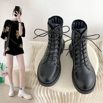 Кожени обувки, Пролетно-есенни обувки, Дамски ботуши на платформа в римски стил с Кръгла пръсти, Неутрален Стил, пънк, Топло Къс Плюшен нови Обувки 2021