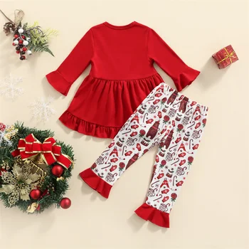 Коледен Случайни Комплект Дрехи от две части за момичета, червен Пуловер с Кръгла Яка и Принтом, Разкроена Панталони