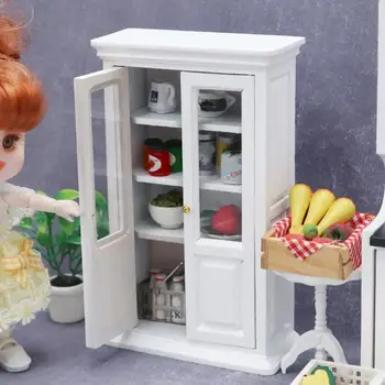 Компактен Шкаф За Куклена Къща Реалистична Бяла Модел Кухненски Шкаф Модел Мини-Кабинет За Куклена Къща