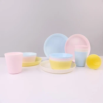 Комплект пластмасови прибори WSND от 12 теми, за многократна употреба, които не съдържат бисфенол А, 4 чаши, 4 чаши, 4 чинии, подходящи за малки деца, деца, деца, П