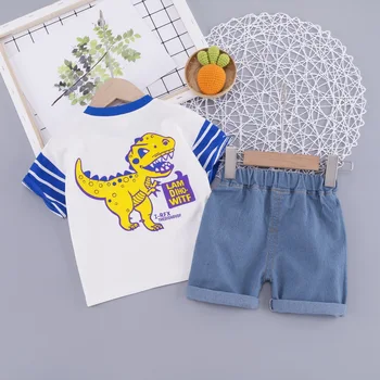 Комплекти Дрехи За малки момчета, Летни Детски Блузи с къс ръкав и анимационни Принтом + Дънкови къси панталони, Детски дрехи от две части