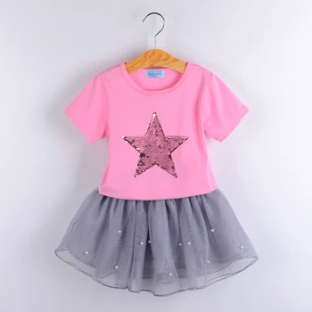 Комплекти за момичета Нова Лятна Мода Стилни Детски Дрехи, тениски с пайети и Звездите + Рокля, Бебешко облекло от 2 теми