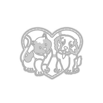 Котка и Куче в любовта-Деколтета във формата на Сърце За Направата на Картички Двойка Котка и Куче Метални Режещи Удари Шаблони За Scrapbooking Украса Новост 2019