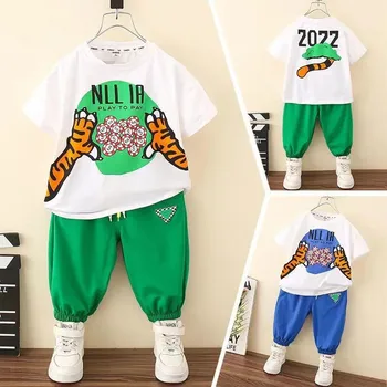 Летен комплект дрехи за момчета, Новост 2022 година, Бебешки дрехи, тениски с къс ръкав и анимационни герои за момчета, Панталони, детски костюм от 2 теми, 2, 4, 6, 7Y