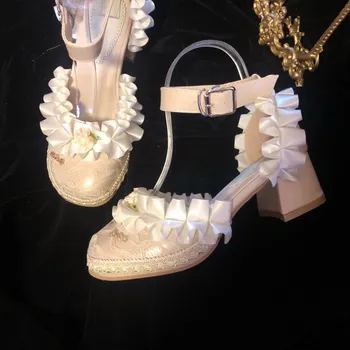 Летни дамски обувки на висок ток с малките си пръсти и квадратни пръсти, френска обувки в стил ретро, дамски обувки, елегантни кавайная обувки, cosplay, лоли