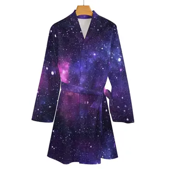 Лилава Galaxy Пижамный Халат Космоса Мъглявината Звезди Козметична Пижама С Дълъг Ръкав И V Образно Деколте Пижама С Принтом Халати Модни Рокли