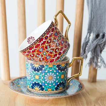 Луксозен Комплект Марокански Кафеени Чаши и Блюдец в Британския Стил със Златната утайка от Чаша Handel, Керамична Чаша за Следобеден Чай, за Капучино, 250 мл