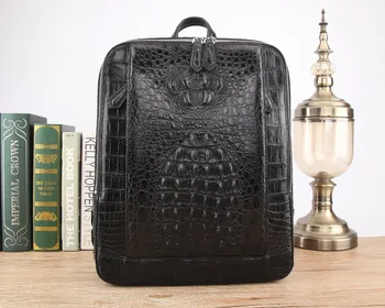 луксозен монофонични раница от естествена крокодилска кожа в черен цвят, ежедневни модерна чанта за почивка с подплата от телешка кожа