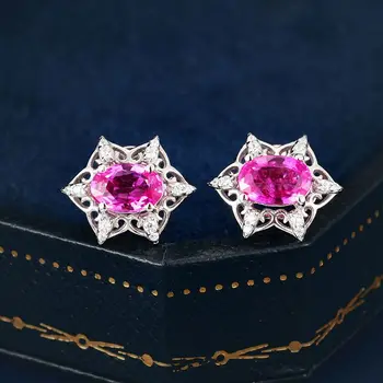 Луксозни и елегантни обеци, инкрустирани с натурален розов рубин, Обеци за жените висок клас мода