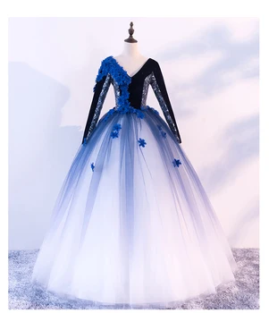 луксозно сценичното вечерна рокля с дълъг ръкав, бална рокля с V-образно яка, сини копринени цветя, средновековна рокля, рокля от епохата на Възраждането, кралицата на cosplay