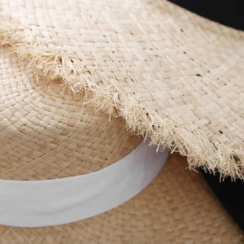 Модерен дамски плетени Сламена шапка от лико, Лятна шапка с широка Периферия 9-11 см, Слънчеви шапки с Ленти, градинска празнична Плосък плажна шапка с кръгла горна част