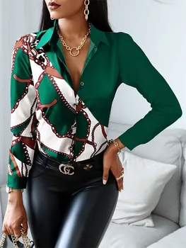 Модерен Жена ТОП 2022 Y2k Облекло е Шал Верига Принт Риза с Копчета Моите Поръчки Ежедневни Тениска Ropa Mujer Femme