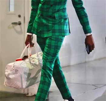 Модерен Мъжки костюми в зелено клетка За сватбени тържества Slim Fit 2 бр. (сако + панталон Двубортный Смокинг За Бала На Поръчка