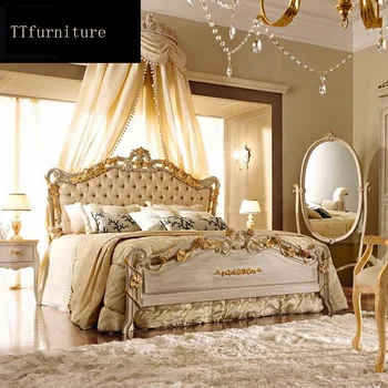 модерна европейска италианска легло от масивно дърво Модни Резбовани луксозна френска мебели за спалня king size jxj48