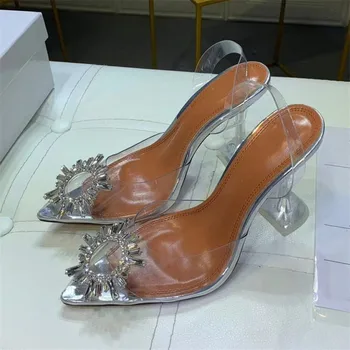 Модни Дамски Сандали-сандали от PVC, Блестящи стъклени Обувки-джапанки с Кристални Цветя, Женски Прозрачни Странни обувки На Висок ток