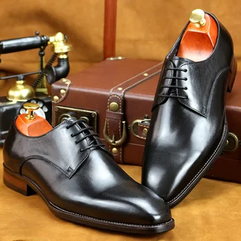 Мъжки италиански обувки-дерби от естествена кожа с остри пръсти, Oxfords Дантела, сватбени бизнес мъжки обувки на Платформа, Размер 44