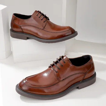 Мъжки модни висококачествени мъжки обувки от естествена кожа в дебела подметка, мъжки бизнес обувки дантела, мъжки модел обувки, лято-пролет, с по-големи размери