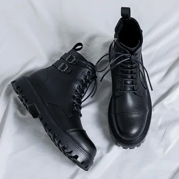Мъжки модни обувки на платформа в британския стил, черни тенденция на маркови дизайнерски ботуши, каубойски ботуши от естествена кожа, красиви ботильоны, мъжки обувки