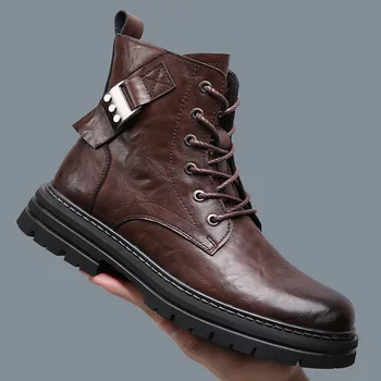мъжки модни обувки от естествена кожа, марка дизайнерски обувки, каубойски есенно-зимни обувки-дезерты, черни, кафяви ботильоны на платформата, мъжки обувки
