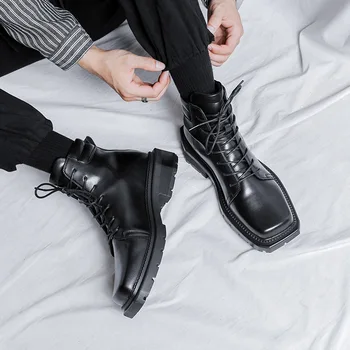 мъжки модни обувки от естествена кожа, марка дизайнерски обувки с квадратни пръсти, дрехи за нощен клуб в стил пънк, каубойски ботуши на платформа, ботильоны, botas zapatos