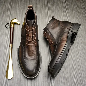 Мъжки обувки, Каубойски ботуши от естествена кожа, Модерни висококачествени мъжки ботильоны в бизнес стил дантела, улични обувки