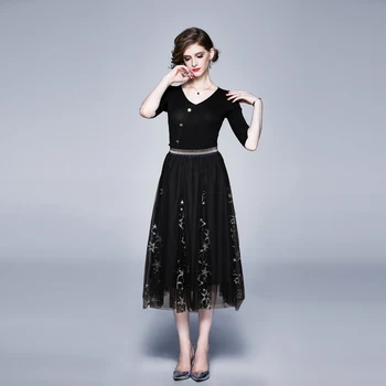 Нов Летен Комплект от 2 теми, Дамски Пуловер, Риза + Черно Бродирани Окото Поли, Костюми Vestidos De Verano Sukienki K8079