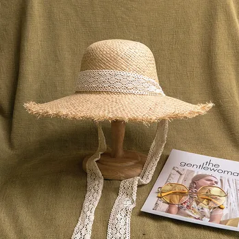 Нова дишаща сламена шапка за жени в корейски стил завързана с панделка и пискюли, солнцезащитная шапка с голяма периферия, панама от лико за почивка, плажната партита