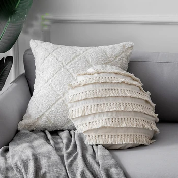Нова кръгла възглавница от памук и лен в скандинавски стил с пискюли, сънливи малка прясна квадратна възглавница в етнически стил ръчна изработка на едро MF095