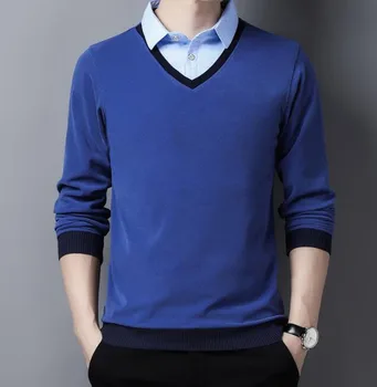 Нова Мода Есен Топла мъжки Однотонная тениска с V-образно деколте и дълги ръкави ABD46