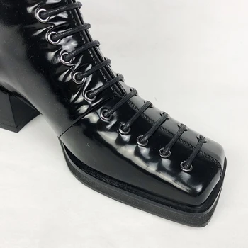 нови зимни необичайни обувки chelsae на квадратен ток, дамски къси ботуши от естествена кожа с шнур и мълния, женски мотоциклетни ботуши в стил ретро