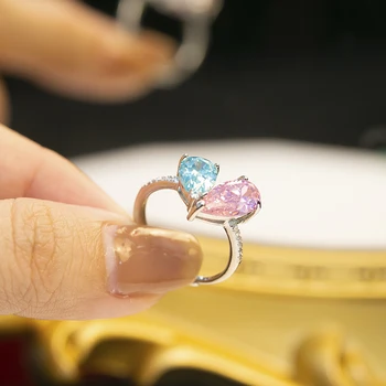 Нови пръстени във формата на сърце от сребро 925 проба със сапфир и розов кристал във формата на сърце за жени, красиви леки романтични луксозни бижута