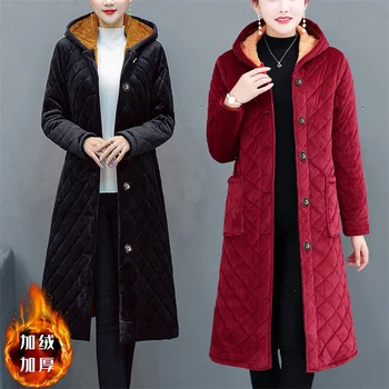 Облекло за майката Есен-зима Плюс Кадифе Свободна памучен яке със средна дължина, с подплата За Жени на средна възраст, Коварен Стеганое палто с качулка A725