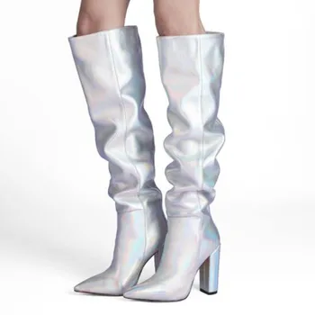 Обувки SHOFOO, Модни дамски ботуши ослепителна цветове, женски ботуши на висок ток около 11 см, дамски ботуши до коляното.РАЗМЕР: 34-46