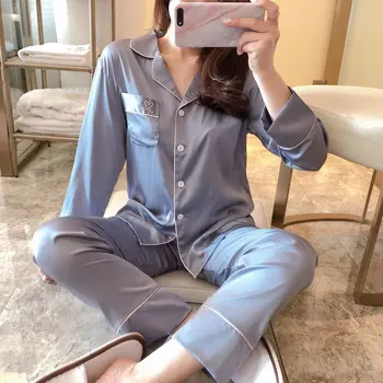 Пижами дамски панталони с дълги ръкави комплект от две уеб известни личности пижами коприна любов бродирани домашно облекло мъгла синя пижама
