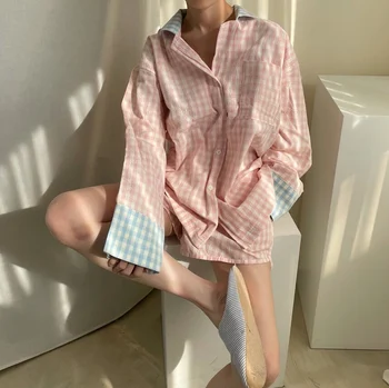 пижамный комплект в клетката в стил мозайка, дамска свободна блуза с дълъг ръкав, пижамные къси панталони с еластичен ластик на талията, пролет-есен облекло за отдих и почивка, домашен костюм Y779