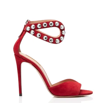 Пикантни Червени Сандали на висок ток с Метални Нитове, Дамски официални Обувки с отворени Пръсти на висок ток, Дамски Летни Обувки с Шипове, Голям Размер 2022