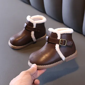 Плюс Кадифе зимни обувки За момичета, Запазването на топлина, детски памучни обувки от 1 до 6 години, бебешки Обувки от Изкуствена Кожа в британския стил, Сладки къси ботуши